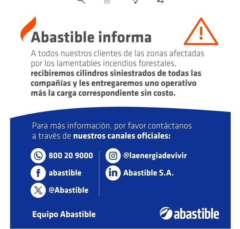  Abastible recibirá y recargará gratuitamente los cilindros siniestrados por incendios forestales